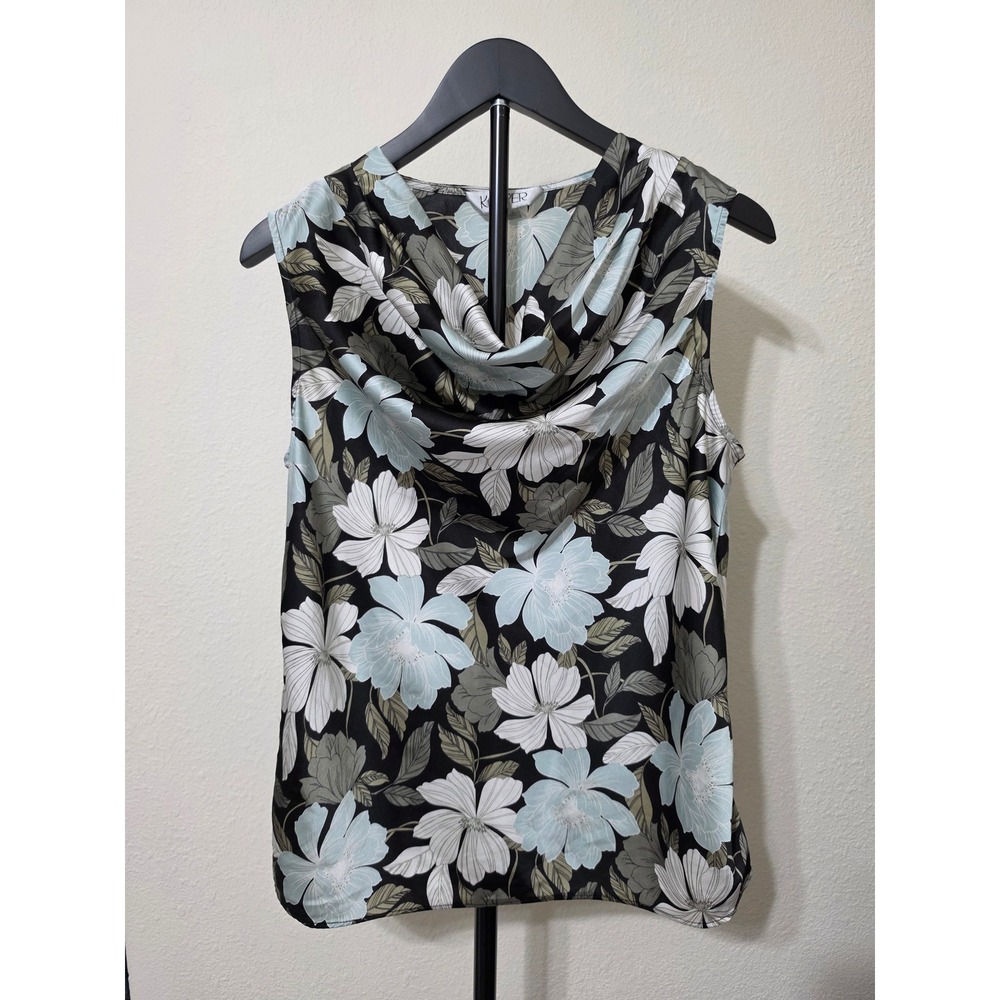 Kasper Womens Floral Cowl Neck Sleeveless Blouse Black Blue Olive Green Size M